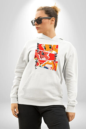 Charmander, Charmeleon ve Charizard Evolution Erkek Kadın Beyaz Dijital Baskılı Kapüşonlu Sweatshirt Hoodie