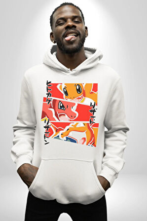 Charmander, Charmeleon ve Charizard Evolution Erkek Kadın Beyaz Dijital Baskılı Kapüşonlu Sweatshirt Hoodie