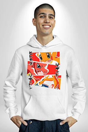 Charmander, Charmeleon ve Charizard Evolution Erkek Kadın Beyaz Dijital Baskılı Kapüşonlu Sweatshirt Hoodie