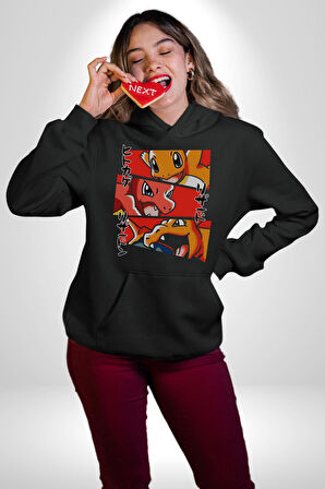 Charmander, Charmeleon ve Charizard Evolution Erkek Kadın Siyah Dijital Baskılı Kapüşonlu Sweatshirt Hoodie