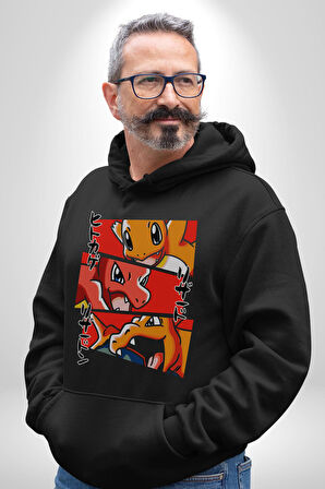 Charmander, Charmeleon ve Charizard Evolution Erkek Kadın Siyah Dijital Baskılı Kapüşonlu Sweatshirt Hoodie