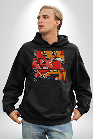 Charmander, Charmeleon ve Charizard Evolution Erkek Kadın Siyah Dijital Baskılı Kapüşonlu Sweatshirt Hoodie