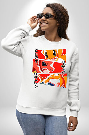 Charmander, Charmeleon ve Charizard Evolution Erkek Kadın Unisex Dijital Baskılı Beyaz Sweatshirt