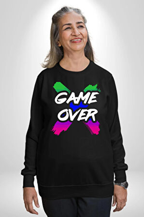 Game Over Oyun Bitti Erkek Kadın Unisex Dijital Baskılı Siyah Sweatshirt