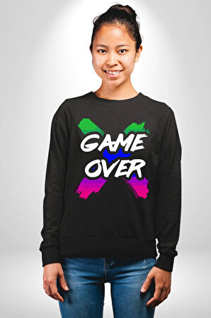 Game Over Oyun Bitti Erkek Kadın Unisex Dijital Baskılı Siyah Sweatshirt