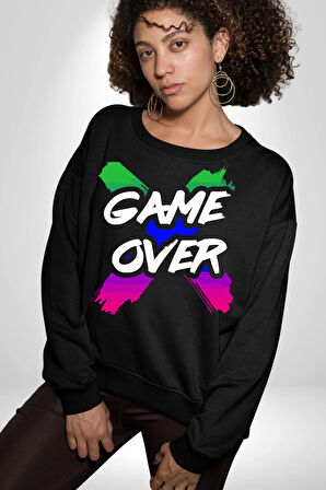 Game Over Oyun Bitti Erkek Kadın Unisex Dijital Baskılı Siyah Sweatshirt