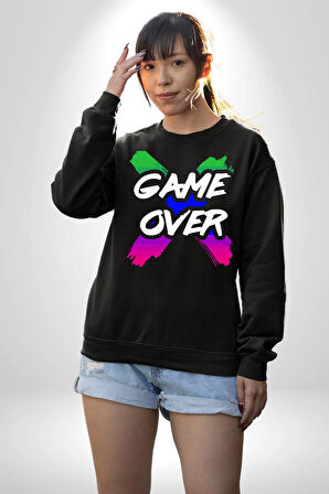 Game Over Oyun Bitti Erkek Kadın Unisex Dijital Baskılı Siyah Sweatshirt