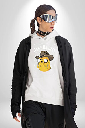 Pop Kültür Jake Daniel's Adventure Time Logo Erkek Kadın Beyaz Dijital Baskılı Kapüşonlu Sweatshirt Hoodie