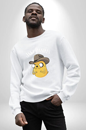 Pop Kültür Jake Daniel's Adventure Time Logo Erkek Kadın Unisex Dijital Baskılı Beyaz Sweatshirt
