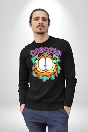 Garfield Kedi Çizgi Film Erkek Kadın Unisex Dijital Baskılı Siyah Sweatshirt