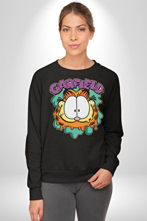 Garfield Kedi Çizgi Film Erkek Kadın Unisex Dijital Baskılı Siyah Sweatshirt