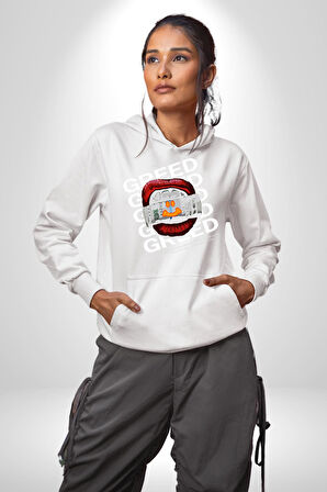 Dudak Dolar Açgözlülük Simgesi Erkek Kadın Beyaz Dijital Baskılı Kapüşonlu Sweatshirt Hoodie