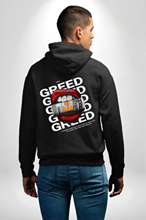 Dudak Dolar Açgözlülük Simgesi Erkek Kadın Siyah Ön Sırt Baskılı Kapüşonlu Sweatshirt Hoodie