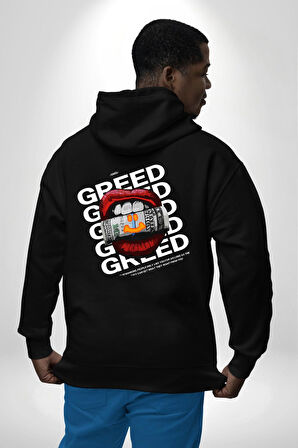 Dudak Dolar Açgözlülük Simgesi Erkek Kadın Siyah Ön Sırt Baskılı Kapüşonlu Sweatshirt Hoodie