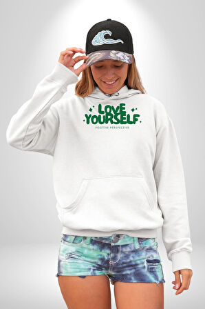 Sev Kendini Olumlu Bakış Açısı Yazılı Erkek Kadın Beyaz Dijital Baskılı Kapüşonlu Sweatshirt Hoodie
