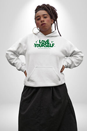 Sev Kendini Olumlu Bakış Açısı Yazılı Erkek Kadın Beyaz Dijital Baskılı Kapüşonlu Sweatshirt Hoodie