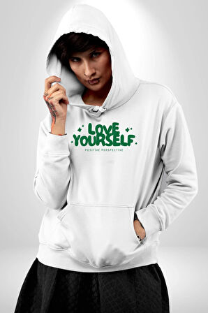 Sev Kendini Olumlu Bakış Açısı Yazılı Erkek Kadın Beyaz Dijital Baskılı Kapüşonlu Sweatshirt Hoodie