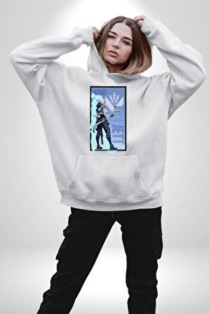 Gamerlara Özel Valorant Jett Tasarım Erkek Kadın Beyaz Dijital Baskılı Kapüşonlu Sweatshirt Hoodie
