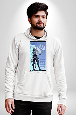Gamerlara Özel Valorant Jett Tasarım Erkek Kadın Beyaz Dijital Baskılı Kapüşonlu Sweatshirt Hoodie