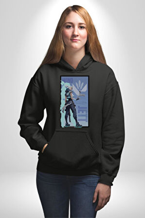 Gamerlara Özel Valorant Jett Tasarım Erkek Kadın Siyah Dijital Baskılı Kapüşonlu Sweatshirt Hoodie
