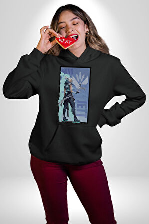 Gamerlara Özel Valorant Jett Tasarım Erkek Kadın Siyah Dijital Baskılı Kapüşonlu Sweatshirt Hoodie
