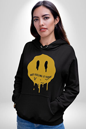 Eriyen Emoji Bugün Hissetmiyorum Erkek Kadın Siyah Dijital Baskılı Kapüşonlu Sweatshirt Hoodie