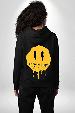 Eriyen Emoji Bugün Hissetmiyorum Erkek Kadın Siyah Ön Sırt Baskılı Kapüşonlu Sweatshirt Hoodie