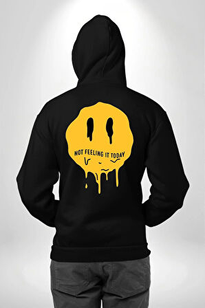Eriyen Emoji Bugün Hissetmiyorum Erkek Kadın Siyah Ön Sırt Baskılı Kapüşonlu Sweatshirt Hoodie