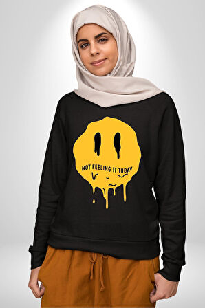 Eriyen Emoji Bugün Hissetmiyorum Erkek Kadın Unisex Dijital Baskılı Siyah Sweatshirt