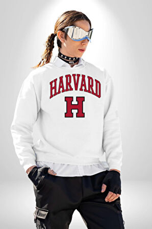 Harverd Üniversitesi Erkek Kadın Unisex Dijital Baskılı Beyaz Sweatshirt