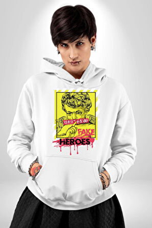 Aşk Meleği Sahte Melek Sus Erkek Kadın Beyaz Dijital Baskılı Kapüşonlu Sweatshirt Hoodie