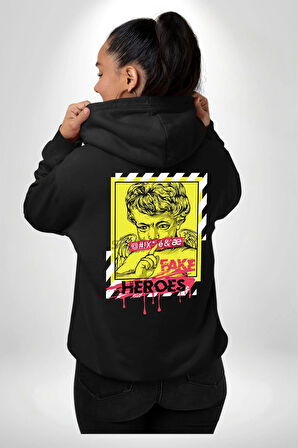 Aşk Meleği Sahte Melek Sus Erkek Kadın Siyah Ön Sırt Baskılı Kapüşonlu Sweatshirt Hoodie