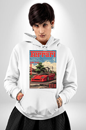 Ferrari F40 Poster 1987 Klasik Araba Erkek Kadın Beyaz Dijital Baskılı Kapüşonlu Sweatshirt Hoodie