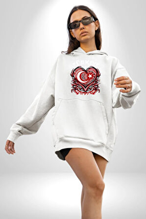 Türkiye Ay Yıldız Kırmızı Beyaz Kalp Erkek Kadın Beyaz Dijital Baskılı Kapüşonlu Sweatshirt Hoodie