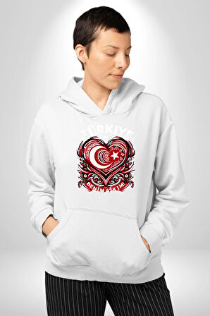 Türkiye Ay Yıldız Kırmızı Beyaz Kalp Erkek Kadın Beyaz Dijital Baskılı Kapüşonlu Sweatshirt Hoodie