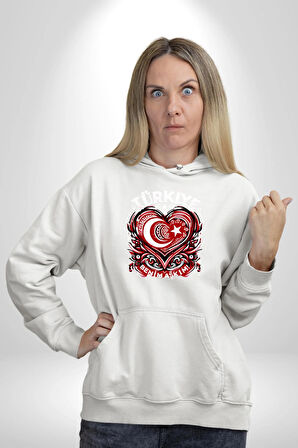 Türkiye Ay Yıldız Kırmızı Beyaz Kalp Erkek Kadın Beyaz Dijital Baskılı Kapüşonlu Sweatshirt Hoodie
