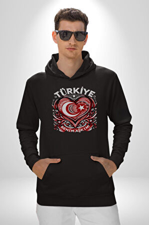 Türkiye Ay Yıldız Kırmızı Beyaz Kalp Erkek Kadın Siyah Dijital Baskılı Kapüşonlu Sweatshirt Hoodie