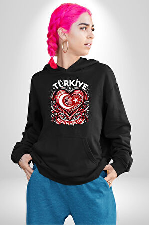 Türkiye Ay Yıldız Kırmızı Beyaz Kalp Erkek Kadın Siyah Dijital Baskılı Kapüşonlu Sweatshirt Hoodie