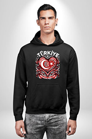 Türkiye Ay Yıldız Kırmızı Beyaz Kalp Erkek Kadın Siyah Dijital Baskılı Kapüşonlu Sweatshirt Hoodie