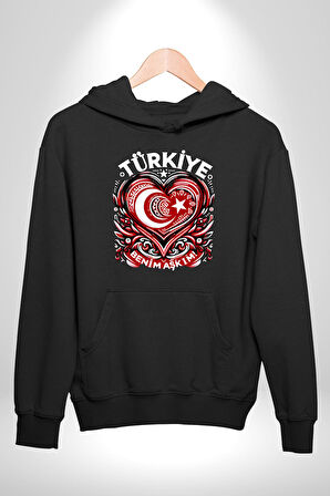 Türkiye Ay Yıldız Kırmızı Beyaz Kalp Erkek Kadın Siyah Dijital Baskılı Kapüşonlu Sweatshirt Hoodie