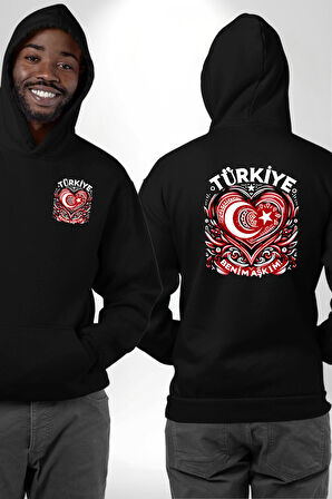 Türkiye Ay Yıldız Kırmızı Beyaz Kalp Erkek Kadın Siyah Ön Sırt Baskılı Kapüşonlu Sweatshirt Hoodie