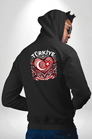Türkiye Ay Yıldız Kırmızı Beyaz Kalp Erkek Kadın Siyah Ön Sırt Baskılı Kapüşonlu Sweatshirt Hoodie