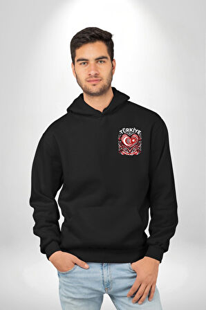 Türkiye Ay Yıldız Kırmızı Beyaz Kalp Erkek Kadın Siyah Ön Sırt Baskılı Kapüşonlu Sweatshirt Hoodie