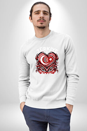 Türkiye Ay Yıldız Kırmızı Beyaz Kalp Erkek Kadın Unisex Dijital Baskılı Beyaz Sweatshirt