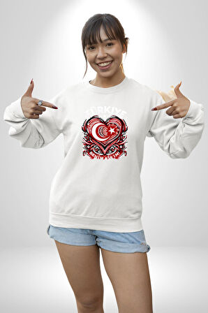 Türkiye Ay Yıldız Kırmızı Beyaz Kalp Erkek Kadın Unisex Dijital Baskılı Beyaz Sweatshirt