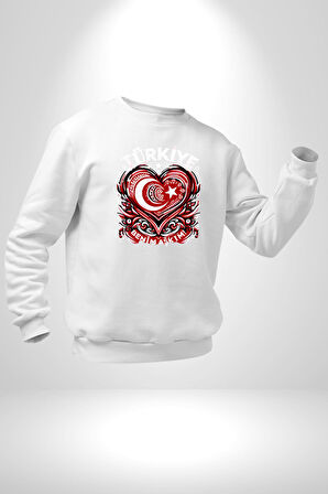 Türkiye Ay Yıldız Kırmızı Beyaz Kalp Erkek Kadın Unisex Dijital Baskılı Beyaz Sweatshirt