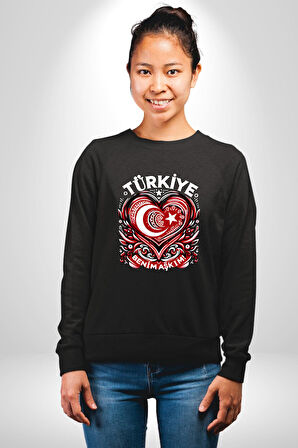 Türkiye Ay Yıldız Kırmızı Beyaz Kalp Erkek Kadın Unisex Dijital Baskılı Siyah Sweatshirt