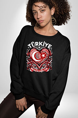 Türkiye Ay Yıldız Kırmızı Beyaz Kalp Erkek Kadın Unisex Dijital Baskılı Siyah Sweatshirt