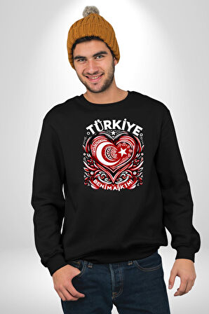 Türkiye Ay Yıldız Kırmızı Beyaz Kalp Erkek Kadın Unisex Dijital Baskılı Siyah Sweatshirt