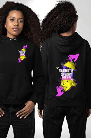 Einstein Retro Dil Çıkarma Devam Ettir Erkek Kadın Siyah Ön Sırt Baskılı Kapüşonlu Sweatshirt Hoodie